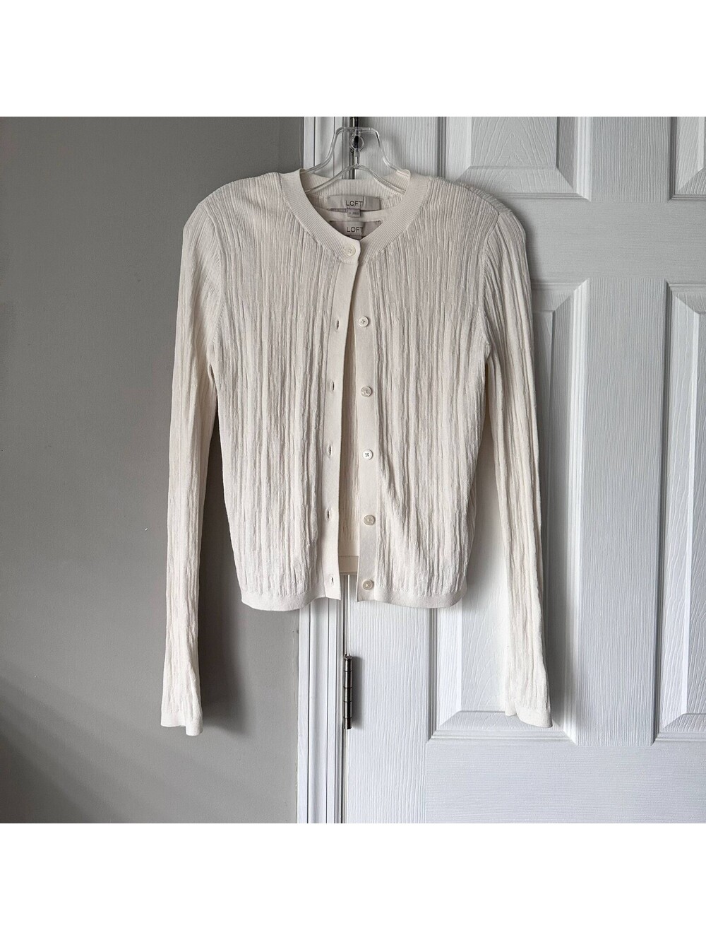 LOFT Ivory Ribbed Button Up Cardigan & Matching Top Set Women's Small Basic